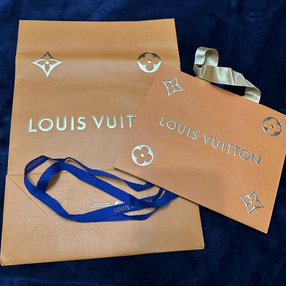 Set of 2 Louis Vuitton Orange and Gold Gift Bags with ribbon